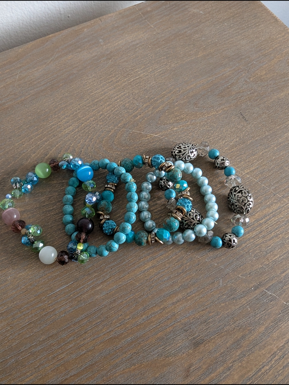 Turquoise Beaded Stretch Bracelet Stack Set with Silver Accents